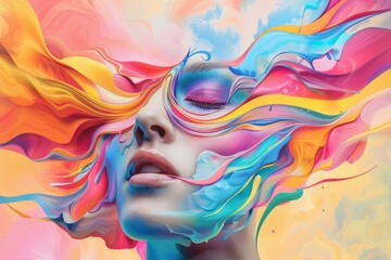 Closeup of a woman's face artistically blended with vibrant, flowing paint for a dreamlike effect