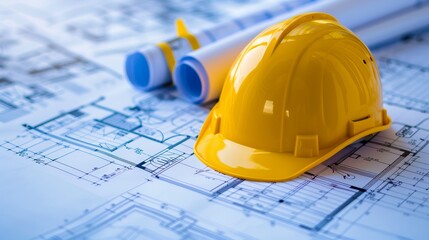 A yellow helmet resting on blueprints and architectural designs which highlights the engineering and planning stages of construction, emphasizing safety and attention to detail.