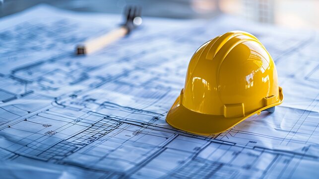 A lone yellow helmet placed on detailed blueprints, symbolizing the critical planning stage in construction and architecture, emphasizing safety, precision, and structure.