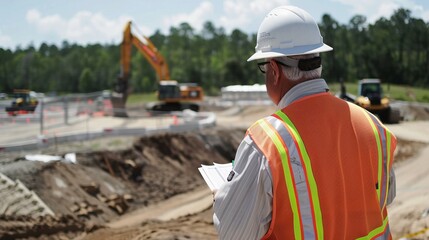 A construction professional wearing a hard hat and safety vest examines site layout plans, emphasizing thorough analysis, attention to details, and site management in construction.