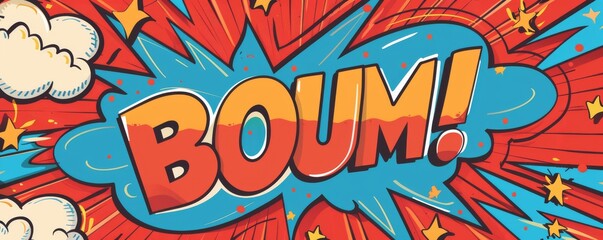 Energetic pop-art design with dynamic BOOM text and vibrant comic book style elements