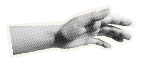 Trendy halftone collage hand element. Elements cut out palm pointing to the side. Retro punk design for poster social media banner, flyer