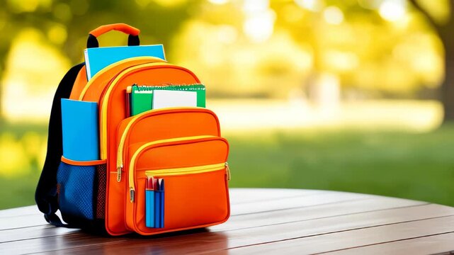 Orange backpack filled with school supplies, including notebooks, pencils, and pens on a wooden table outdoors. Back to school concept. Copy space template background