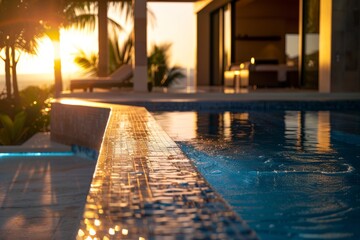 Fototapeta premium Luxury poolside area with sunset view and palm trees. Tropical vacation and relaxation concept