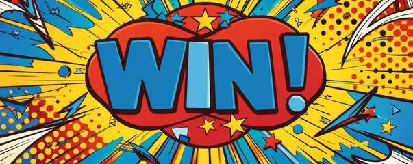 Fototapeta premium Exciting pop art design with the word WIN in bold blue letters on a starburst background