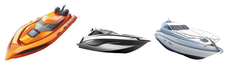 Naklejka premium Speedboat, futuristic vessel, and luxury yacht isolated on a white background, png