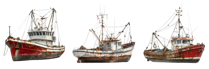 Weathered red and white fishing boat, clean white and blue fishing boat, and faded red fishing boat isolated on a white background, png