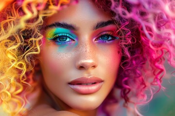 Closeup of a woman with colorful eye makeup and curly hair basking in a warm glow