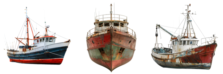 Vintage fishing boat with rustic charm and weathered details isolated on a white background, png