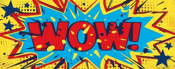 Exciting pop-art design with the word WOW in bold red letters and a vibrant background