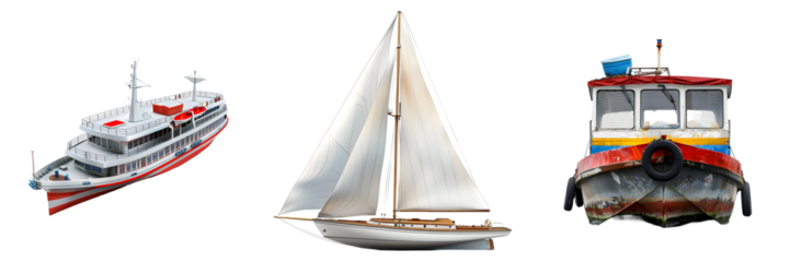 Modern passenger ferry, sailboat, and vintage tugboat isolated on a white background, png