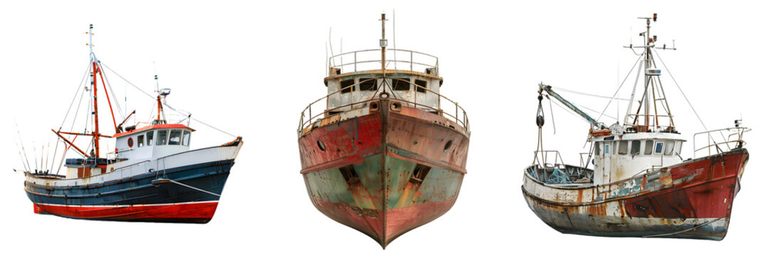 Vintage fishing boat with rustic charm and weathered details isolated on a white background, png
