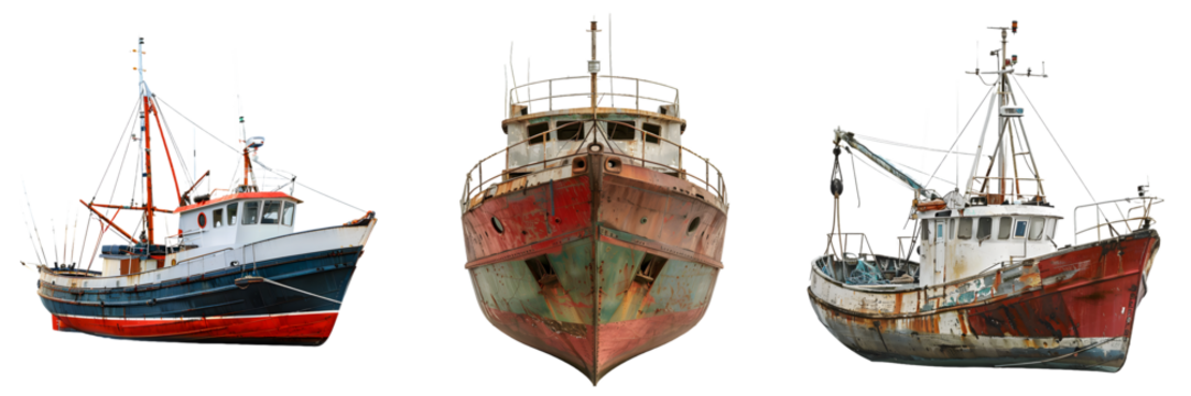 Vintage fishing boat with rustic charm and weathered details isolated on a white background, png