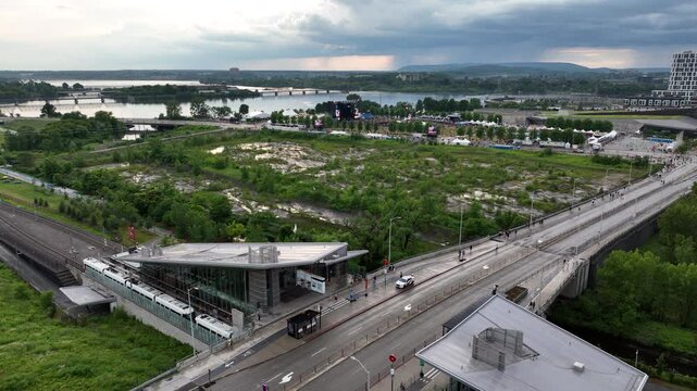Light rail train in Ottawa station aerial