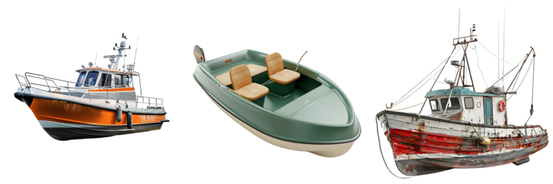 Modern pilot boat, rowboat, and vintage fishing trawler isolated on a white background, png - Powered by Adobe