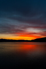 Breathtaking sunset over Djerdap gorge on the Danube river in Serbia