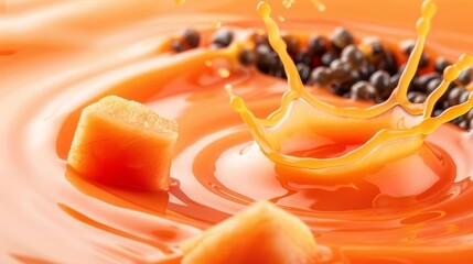 Vivid close-up of a splash of orange juice with papaya pieces and black peppercorns. Fresh and vibrant food background.