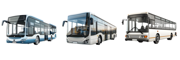 Blue and white, futuristic white, and traditional white and orange bus isolated on a white background, png