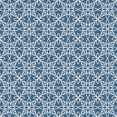 Seamless white line geometric pattern, with simple four petal leaf shapes on denim blue background. Suitable for various design purposes of textiles, tiles, wallpapers, backgrounds, etc.