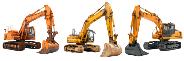 Excavator collection with various arm positions isolated on a white background, png