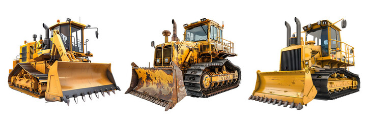 Obraz premium Bulldozer collection with front, side, and rear views isolated on a white background, png