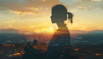 Double exposure of a woman meditating with a scenic sunset background, evoking peace and tranquility, ideal for mindfulness and wellness themes.