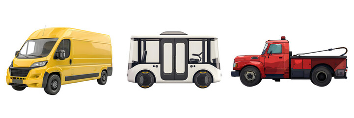Yellow delivery van, autonomous shuttle, and red tow truck isolated on a white background, png