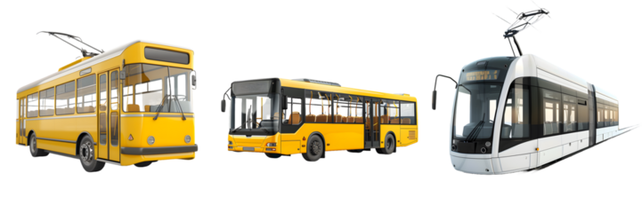 Yellow trolleybus, yellow city bus, and white modern tram isolated on a white background, png