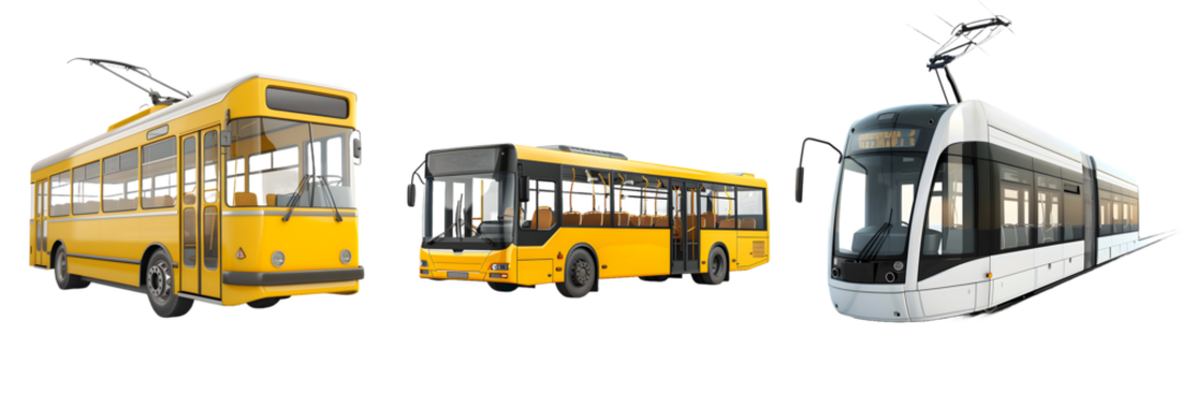 Yellow trolleybus, yellow city bus, and white modern tram isolated on a white background, png