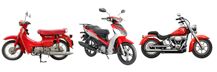 Classic red scooter, modern motorcycle, and vintage chopper isolated on a white background, png