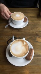 Obraz premium Two cups of cappuccino in white classic cups on a wooden table