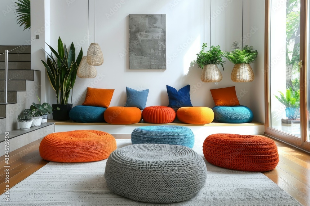 Sticker Bright and airy living space with colorful poufs, hanging plants, and abstract art