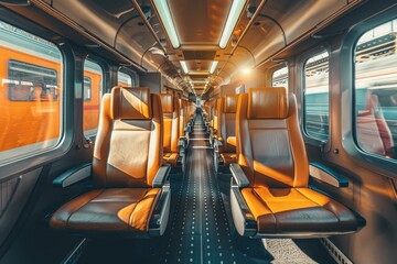Fototapeta premium Highspeed train carriage interior with rows of empty orange seats and a symmetrical perspective