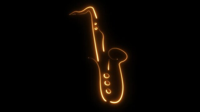 Neon saxophone. Line art. Glowing neon line. Musical instrument. Isolated on black background. Sax Music. Concert and bar animation.  Party. Saxophone player. Brass instrument. Sax music. Music art.
