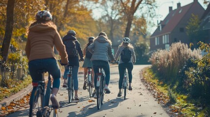 A wide shot of a group of friends cycling together.