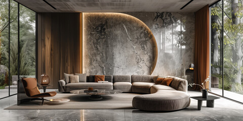 Beautiful modern Futuristic bionic forms architecture. Indoor space interior. Concrete, glass, plants. Digital art. Social media post, graphic element, banner, print, wallpaper. Generative Ai content