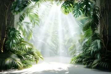 Sunlight filtering through tropical foliage in a dense jungle setting creating a serene atmosphere