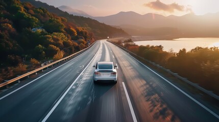 A wide shot of an electric vehicle driving on a scenic highway.