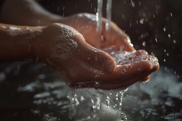 Fototapeta premium Hands washing with soap under running water. Hygiene and cleanliness concept.