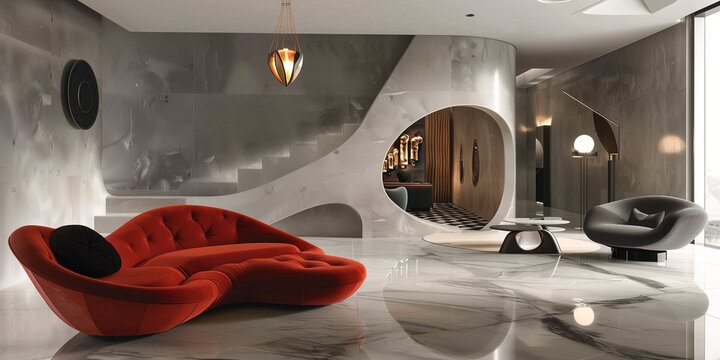 Beautiful modern Futuristic bionic forms architecture. Indoor space interior. Concrete, glass, plants. Digital art. Social media post, graphic element, banner, print, wallpaper. Generative Ai content