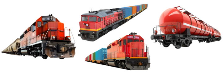 Detailed model of a modern freight train locomotive isolated on a white background, png