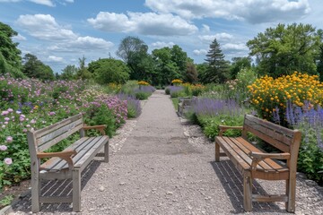 Scenic garden pathway with benches vibrant flowers and a view of distant trees
