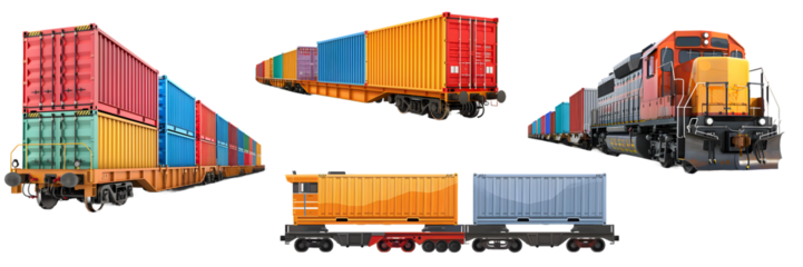 Model of various freight train car with shipping containers isolated on a white background, png