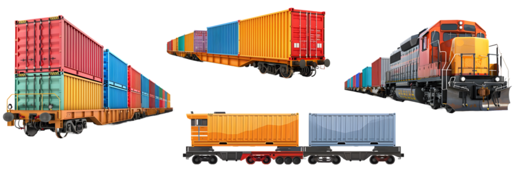 Model of various freight train car with shipping containers isolated on a white background, png