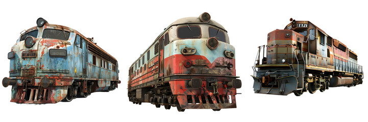 Obraz premium Detailed model of rusted and decayed locomotives isolated on a white background, png