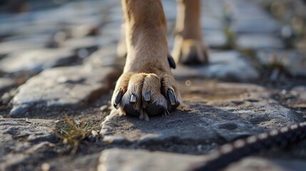 A macro shot of a dog's paw on a leash. 