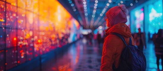 Fototapeta premium Silhouetted Figure in a Neon-lit Cityscape