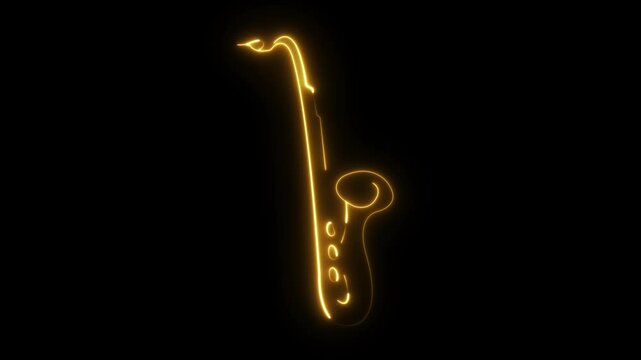 Neon saxophone. Line art. Glowing neon line. Musical instrument. Isolated on black background. Sax Music. Concert and bar animation.  Party. Saxophone player. Brass instrument. Sax music. Music art.
