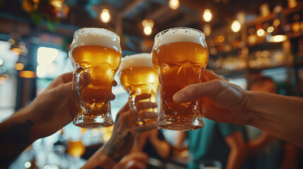 Beer, cheers and hands of friends in pub together for celebration, milestone or social gathering. Alcohol, glass and toast with group of people drinking beverage in bar for bachelor party or bonding