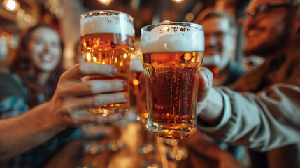 Beer, cheers and hands of friends in pub together for celebration, milestone or social gathering. Alcohol, glass and toast with group of people drinking beverage in bar for bachelor party or bonding